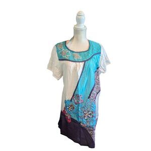 Sacred Threads Dress Bohemian Women’s Medium Sort Sleeve Midi Blue White New